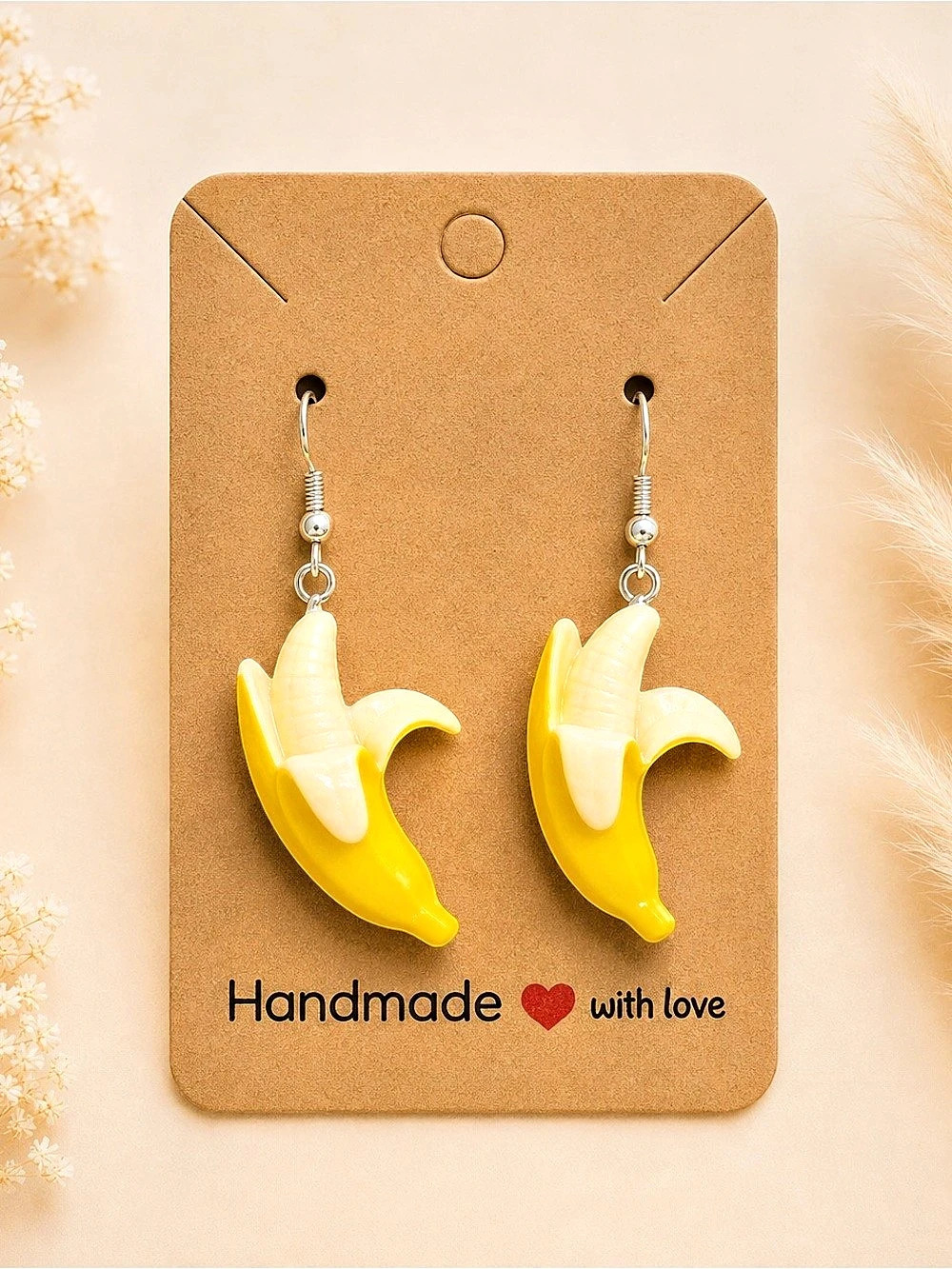 Handmade Resin Banana Dangle Earrings Yellow & White NWT